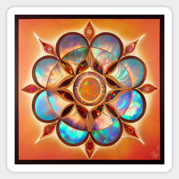 Orange and Blue Fire Opal Flower Mandala Sticker by JediNeil